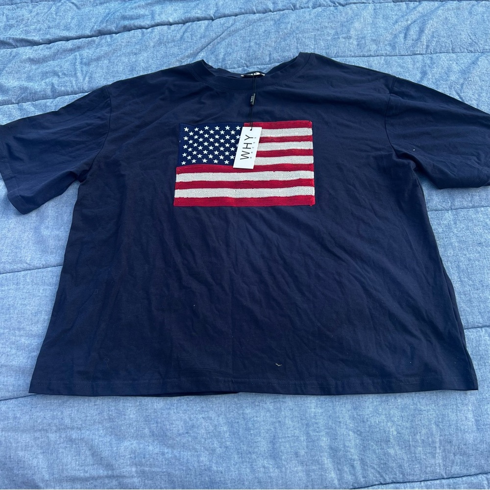 NWT Why Dress Navy Star Spangled Boxy Short Sleeve Tee w/ Flag Design Size XXL